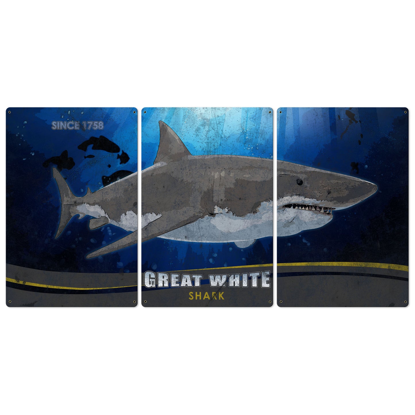 Great White Shark, METAL Triptych, Optional Rustic Wood Frame, Sharks, Wall Art, Ocean, Nautical