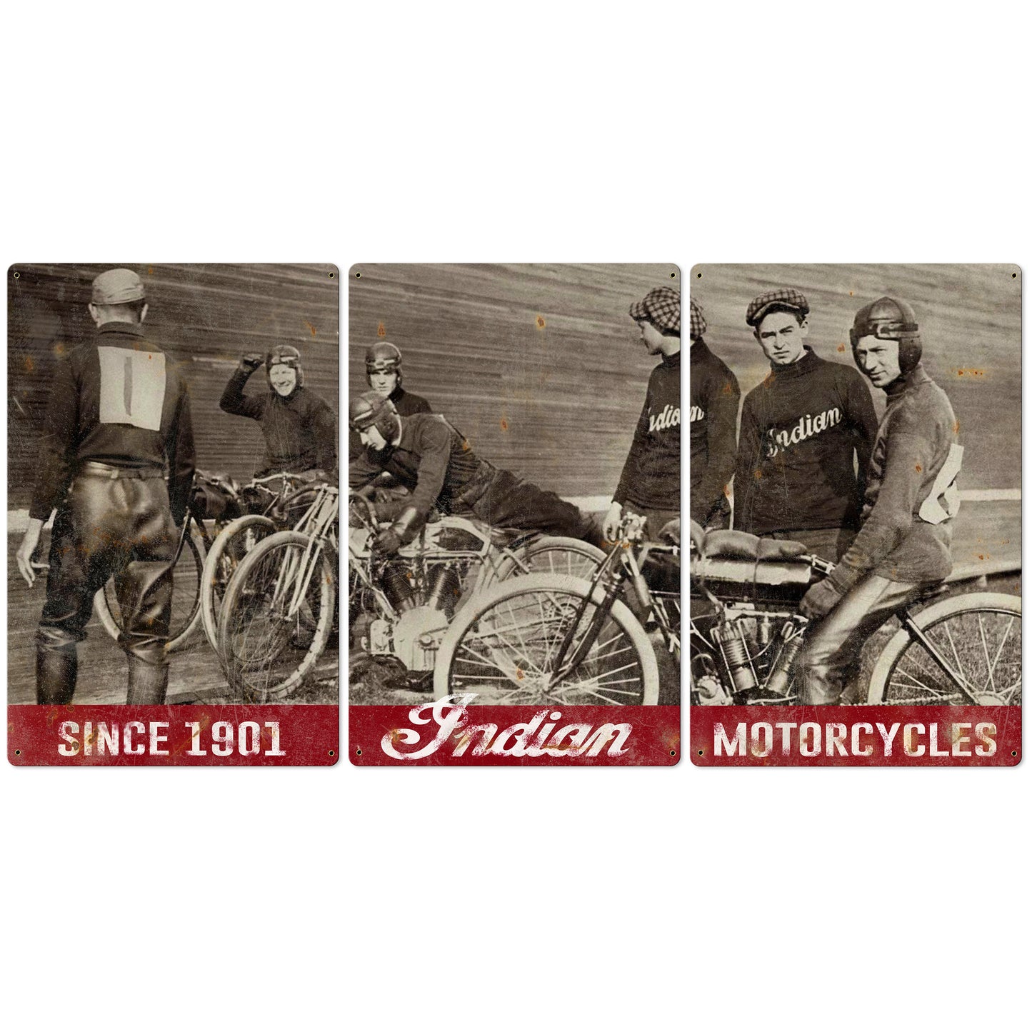 Indian Motorcycles Wall Art, Vintage Board Track Racers, Photo, Triptych METAL Sign, Home Decor, Optional Reclaimed Barn Wood Frame
