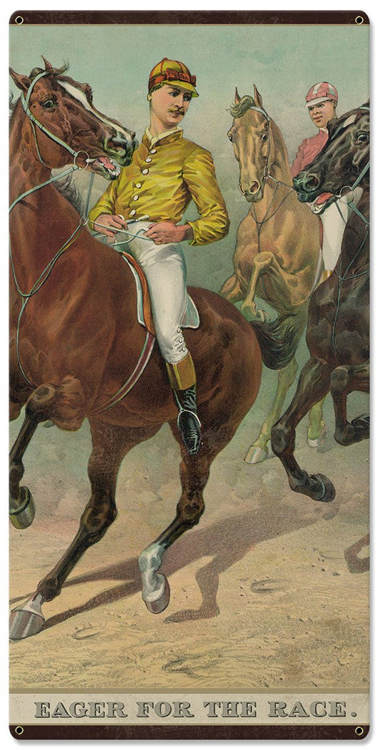 Eager For The Race, Seven Jockeys Currier & Ives 1893, Horse Races, Triptych Metal Sign, Americana, Wall Decor, Wall Art 54"x36"