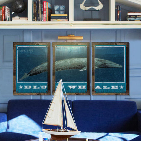 Blue Whale, METAL Triptych, Optional Rustic Wood Frame, Whale Watching, Wall Art, Ocean, Nautical