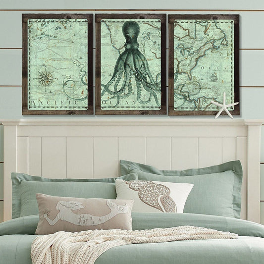 Octopus, Vintage Ship Route Map, Lord Bodner, Nautical, Ocean Life, Metal Triptych, Optional Rustic Wood Frame, Wall Art