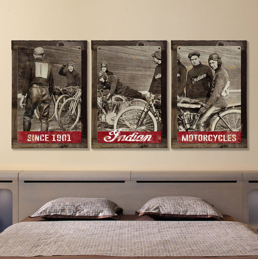 Indian Motorcycles Wall Art, Vintage Board Track Racers, Photo, Triptych METAL Sign, Home Decor, Optional Reclaimed Barn Wood Frame