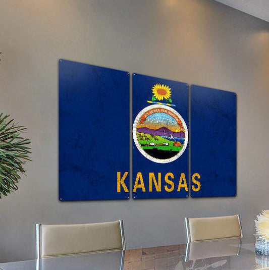 Kansas State Flag, Kansas, as big as you think, Triptych Metal Sign, Wall Decor, Wall Art, Vintage, 54"x36"