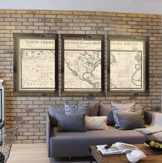 Vintage Antique North America Map, 1775, Triptych METAL Sign, Wall Decor, Wall Art , Optional Reclaimed Barn-wood Frame