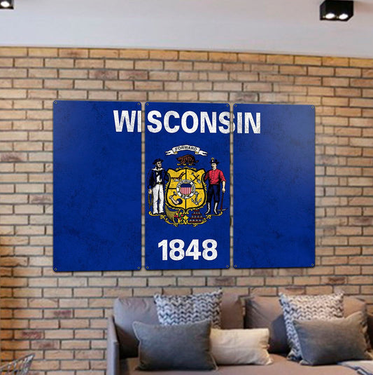 Wisconsin State Flag, America's Dairy Land, Triptych Metal Sign, Wall Decor, Wall Art, Vintage, 54"x36"