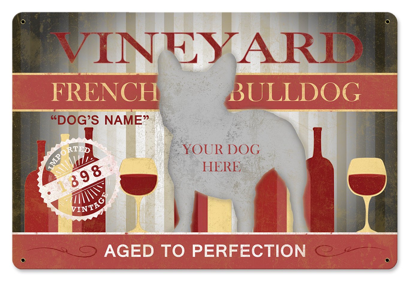 French Bulldog, Vineyard, Aged to Perfection, Wall Art, Wall Decor, French Bulldog Art, Dog Metal Sign, Wood Frame 18" x 12"