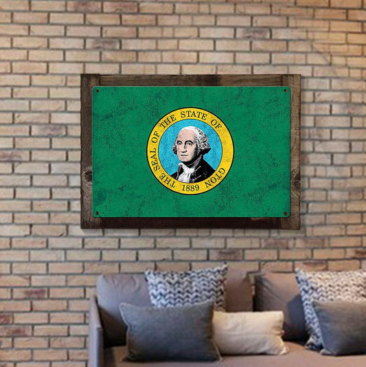 Washington State Flag, SayWA!; Evergreen State, Metal Sign, Optional Rustic Wood Frame, Wall Decor, Wall Art, Vintage