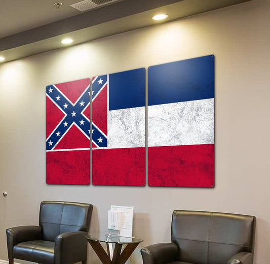 Mississippi State Flag, The Magnolia State, Triptych Metal Sign, Wall Decor, Wall Art, Vintage, 54"x36"
