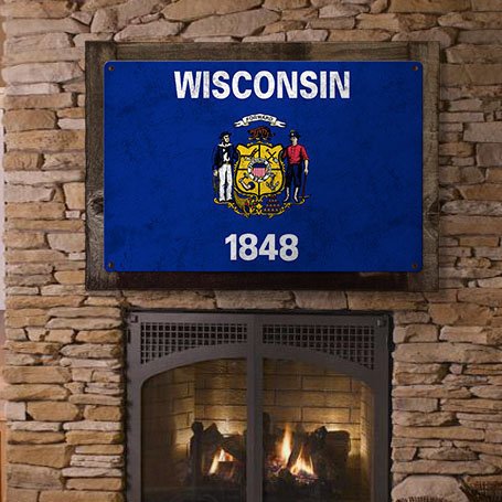 Wisconsin State Flag, America's Dairy Land, Metal Sign, Optional Rustic Wood Frame, Wall Decor, Wall Art, Vintage, Rustic