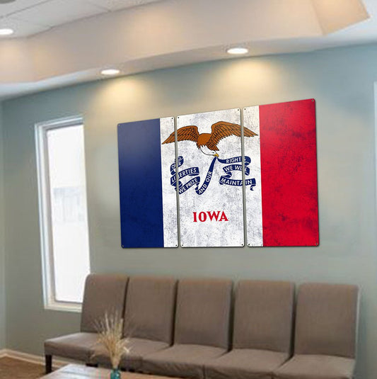 Iowa State Flag, Life Changing; Fields of Opportunity, Triptych Metal Sign, Wall Decor, Wall Art, Vintage, 54"x36"