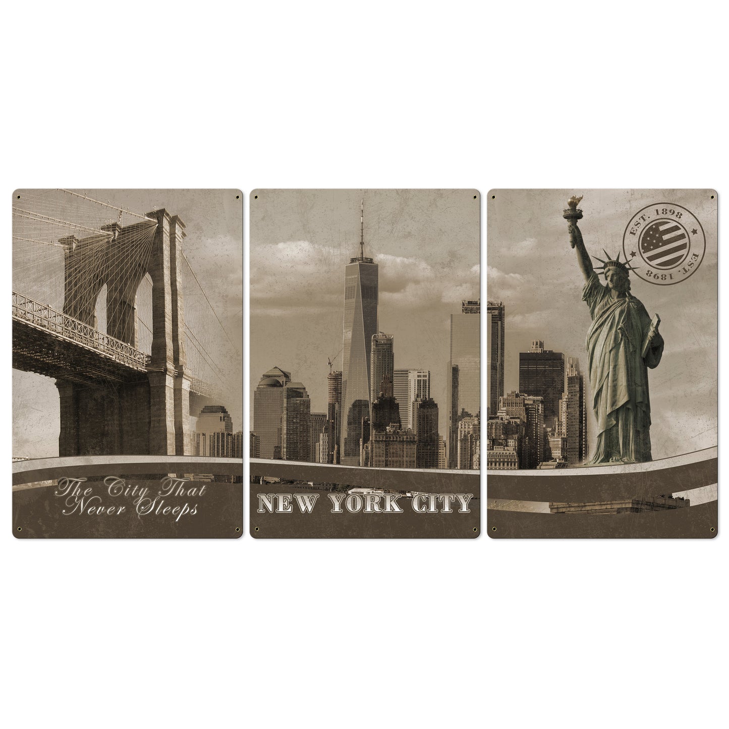 New York City, Skyline, Landmarks Brooklyn Bridge, Statue of Liberty , METAL Triptych, Optional Rustic Wood Frame, Wall Art