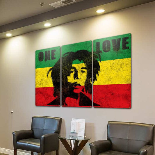 Bob Marley, Spray Art, One Love, Triptych Metal Sign, Street Art, Reggae, Rasta, Flag, Wall Decor, Wall Art, Vintage, 54"x36"