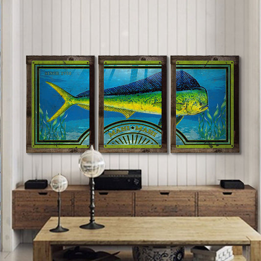 Mahi-mahi, Dorado, Dolfinfish, METAL Triptych, Optional Rustic Wood Frame, Sport Fishing, Wall Art, Ocean, Nautical