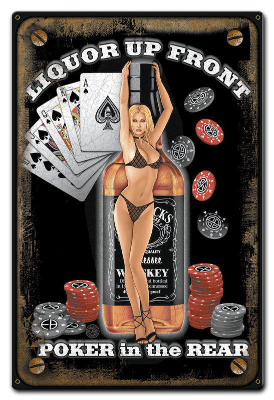 Liquor Front Poker Back Vintage Sign, Humor, Metal Sign, Wall Art, 12 X 18 Inches