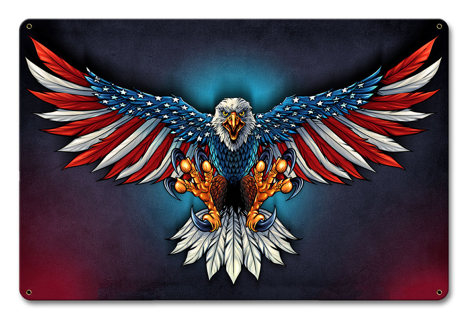 Eagle With US Flag Wings Vintage Sign, Roadside Attractions, Metal Sign, Wall Art, 12 X 18 Inches