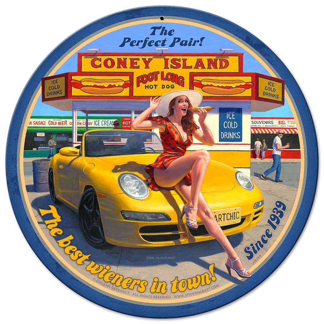 Coney Island, Pinup Girls, Metal Sign, Wall Art, 14 X 14 Inches