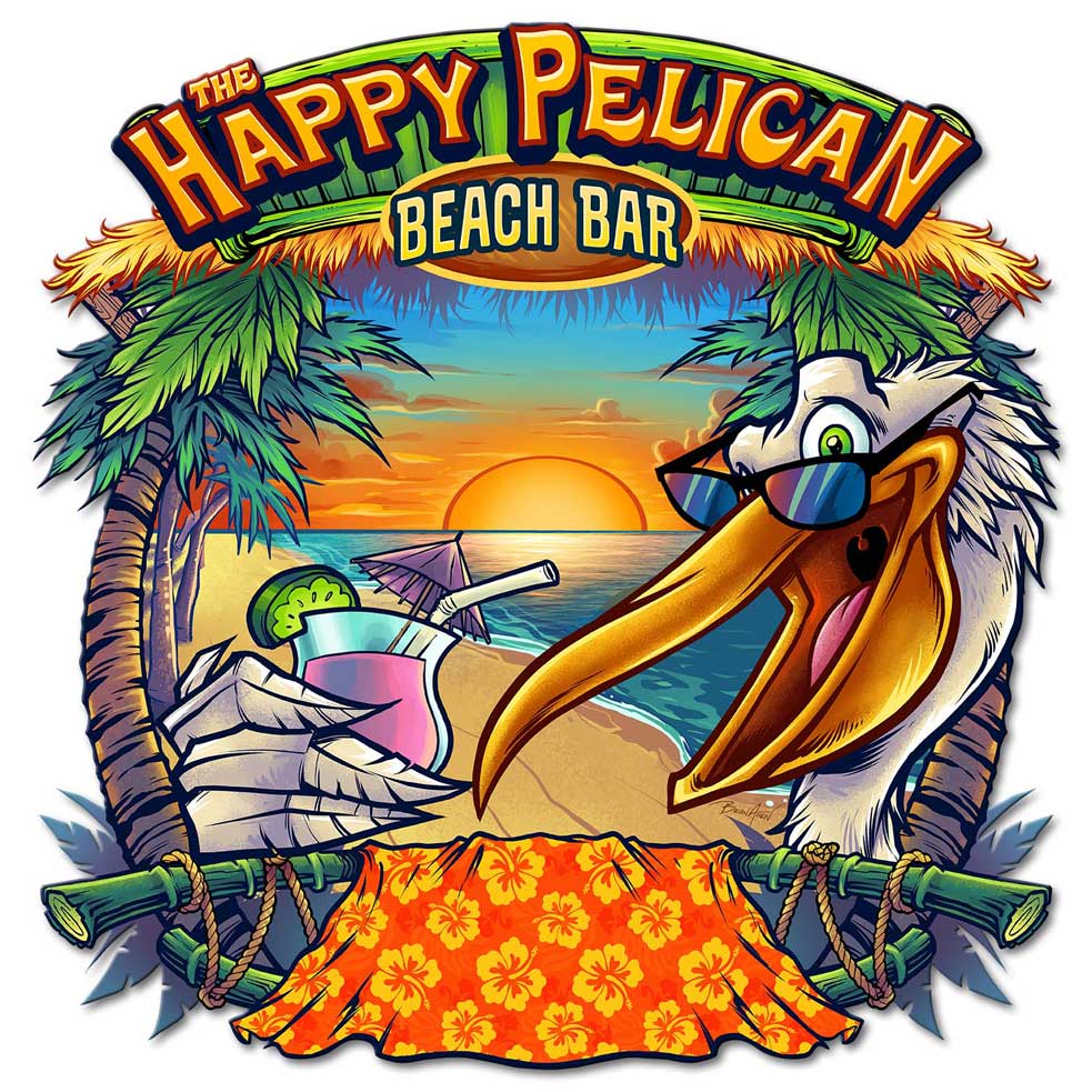 Happy Pelican Beach Bar Vintage Sign, Roadside Attractions, Metal Sign, Wall Art, 20 X 20 Inches
