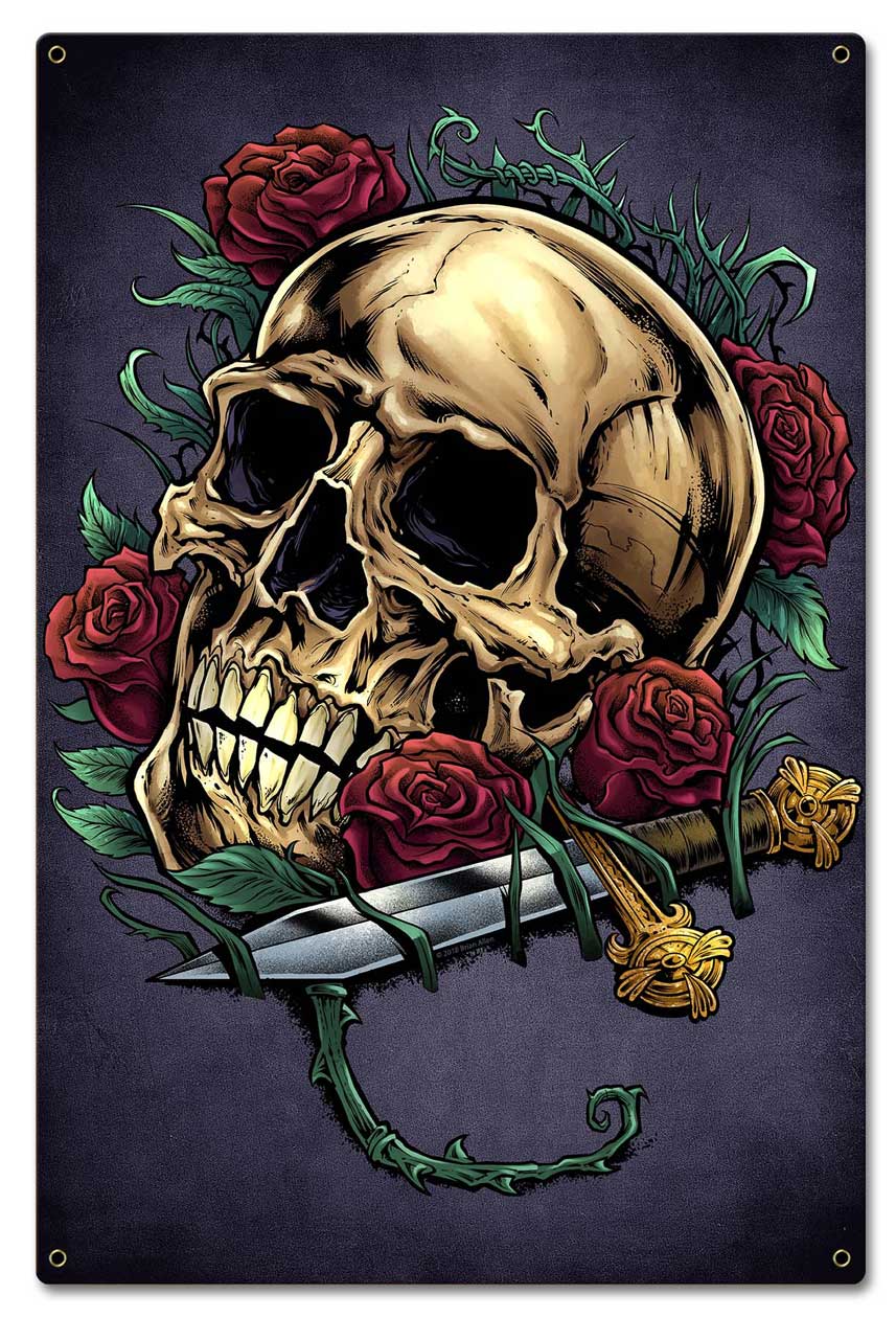 Skull Roses and Dagger Vintage Sign, Roadside Attractions, Metal Sign, Wall Art, 16 X 24 Inches
