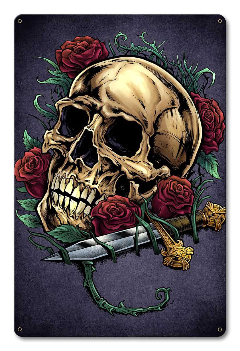 Skull Roses and Dagger Vintage Sign, Roadside Attractions, Metal Sign, Wall Art, 12 X 18 Inches