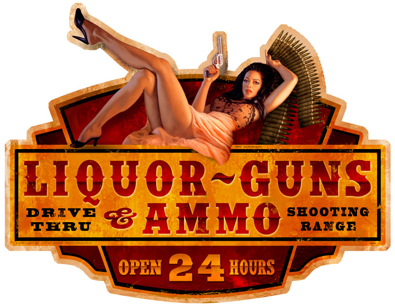 Liquor Guns Ammo Vintage Sign, Pinup Girls, Metal Sign, Wall Art, 28 X 22 Inches