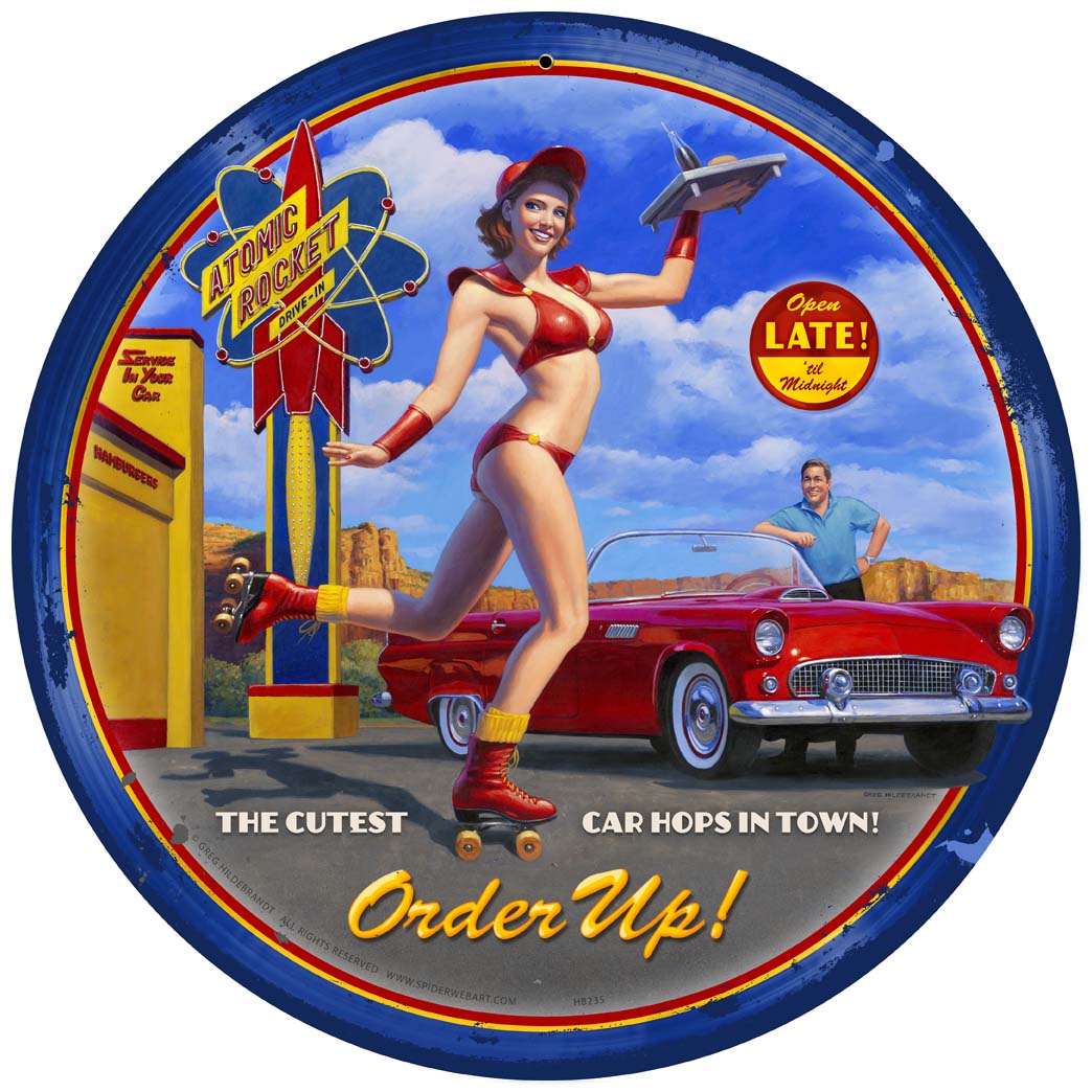 Car Hop Vintage Sign, Pinup Girls, Metal Sign, Wall Art, 14 X 14 Inches