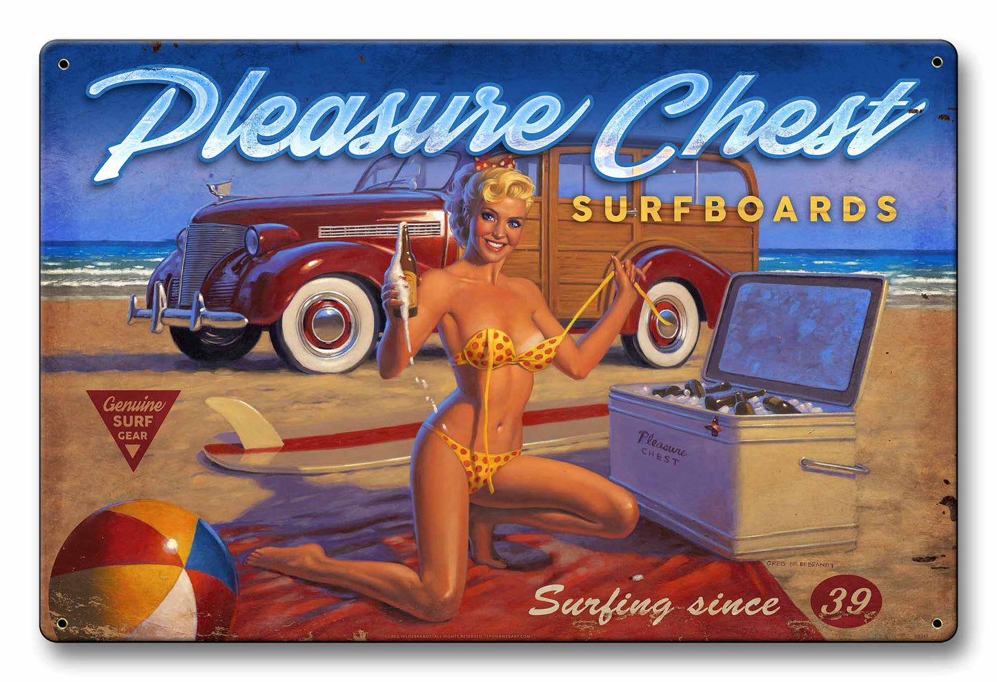 Pleasure Chest XL Vintage Sign, Pinup Girls, Metal Sign, Wall Art, 36 X 24 Inches