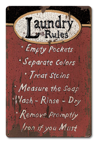 Laundry Rules Vintage Sign, Automotive, Metal Sign, Wall Art, 12 X 18 Inches
