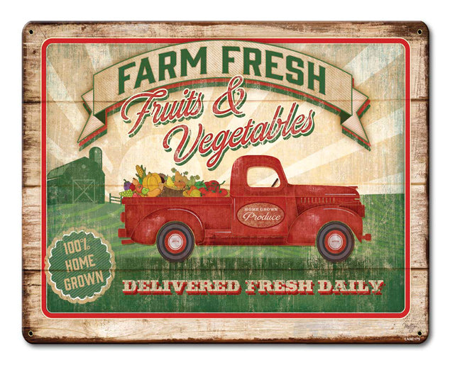 Farm Fresh Fruits And Vegetables Vintage Sign, Automotive, Metal Sign, Wall Art, 15 X 12 Inches