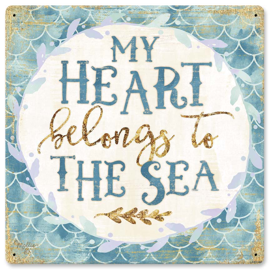 My Heart Belongs To The Sea Vintage Sign, Automotive, Metal Sign, Wall Art, 12 X 12 Inches