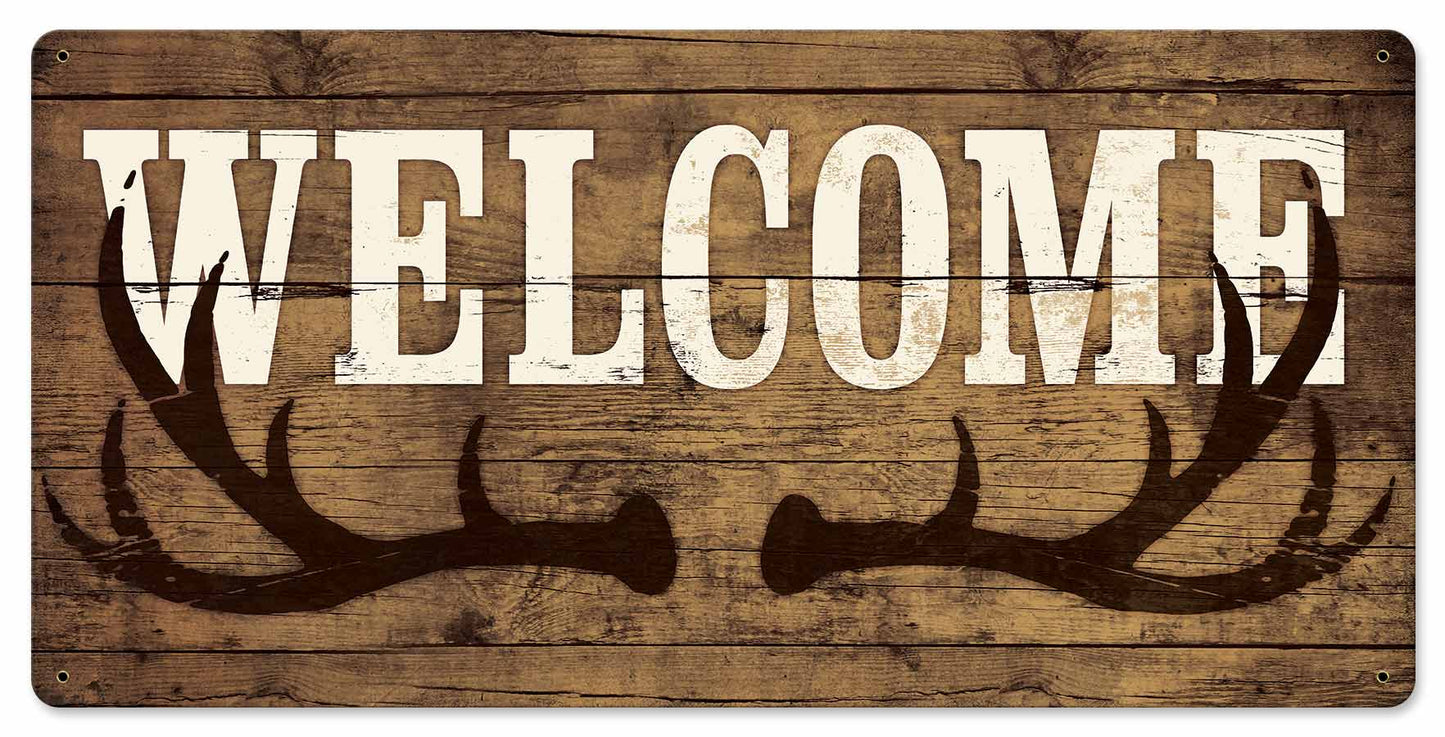 Welcome Deer Antlers Vintage Sign, Automotive, Metal Sign, Wall Art, 24 X 12 Inches