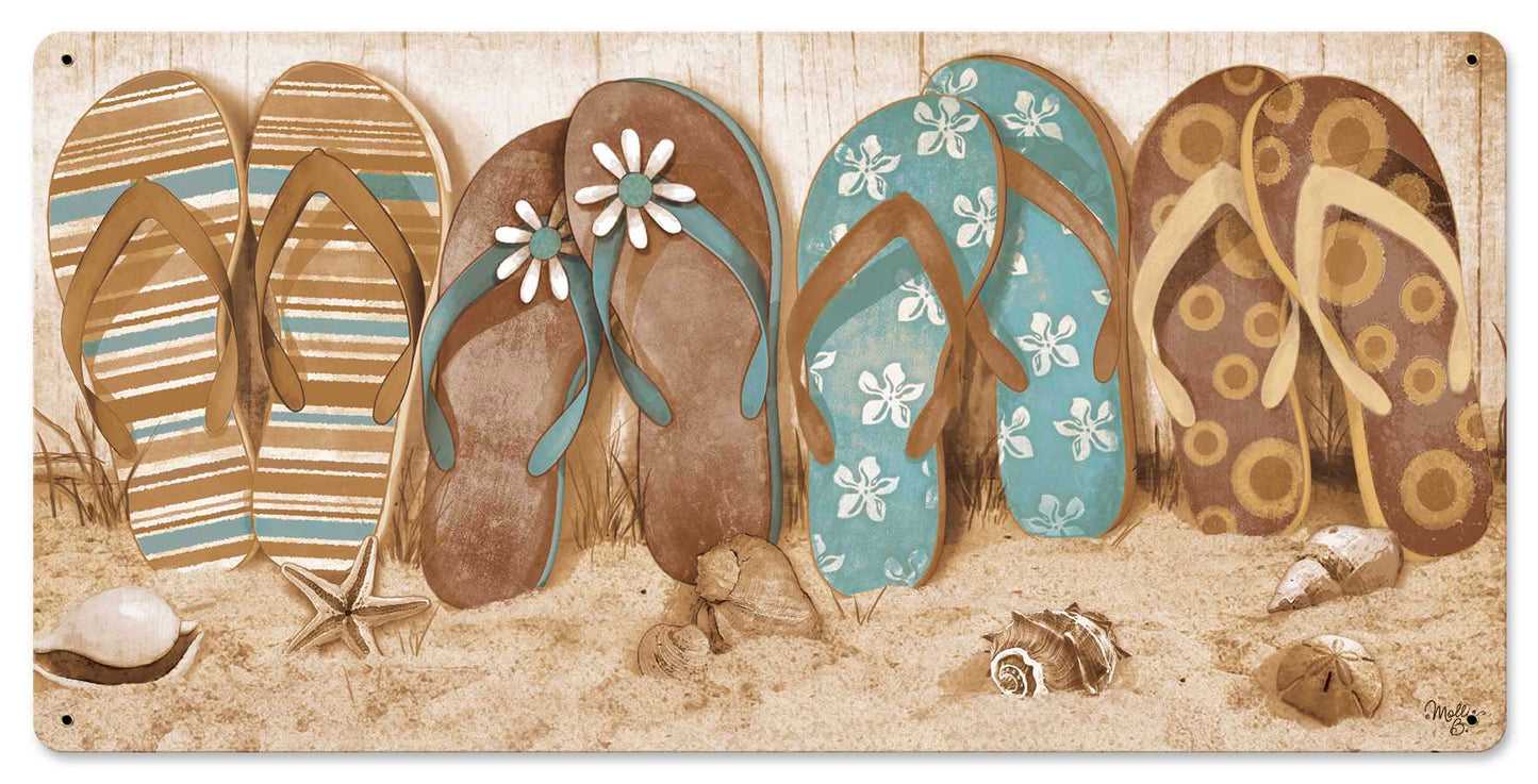 Flip Flops In Sand Vintage Sign, Automotive, Metal Sign, Wall Art, 24 X 12 Inches