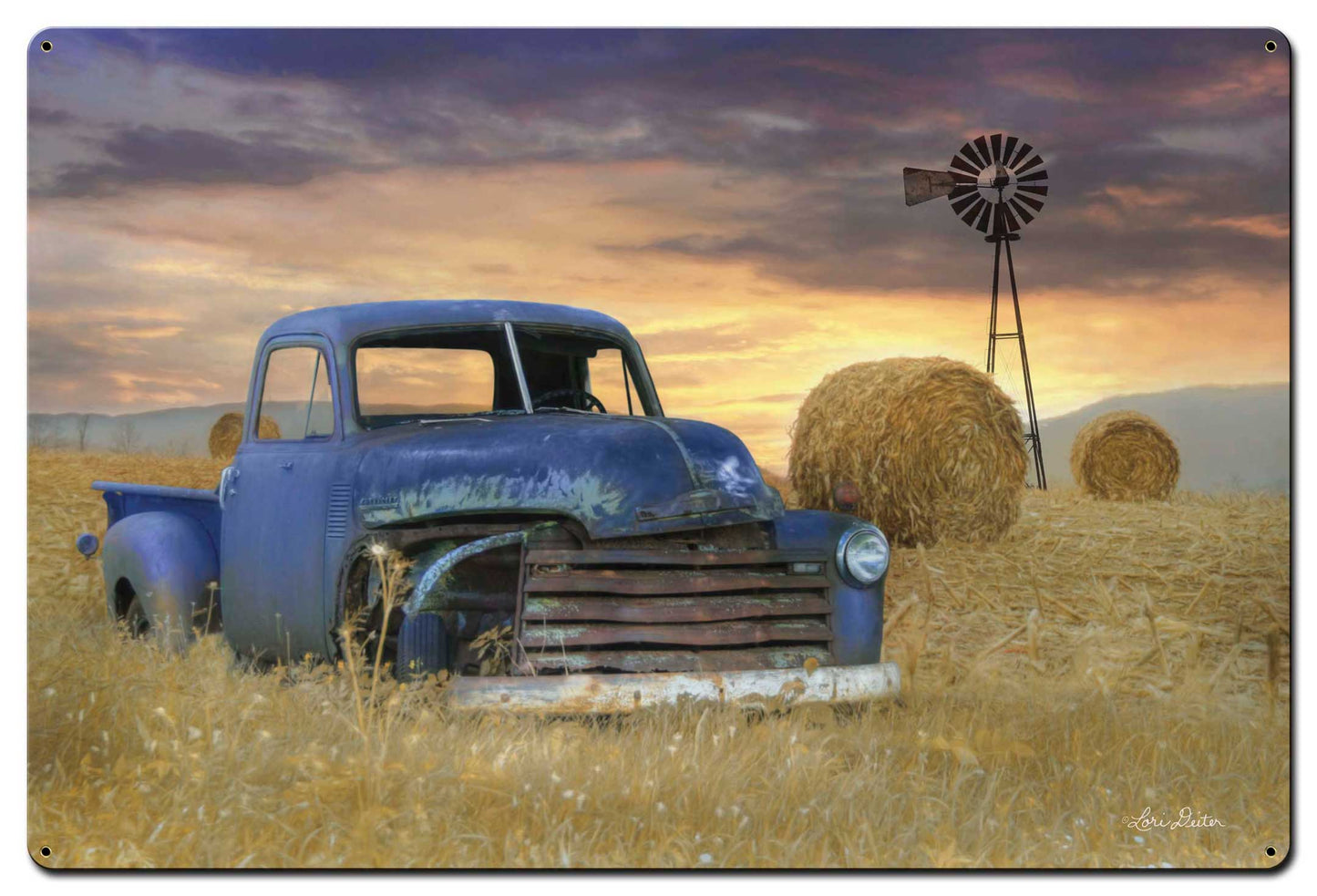 Blue Truck Windmill Vintage Sign, Automotive, Metal Sign, Wall Art, 36 X 24 Inches
