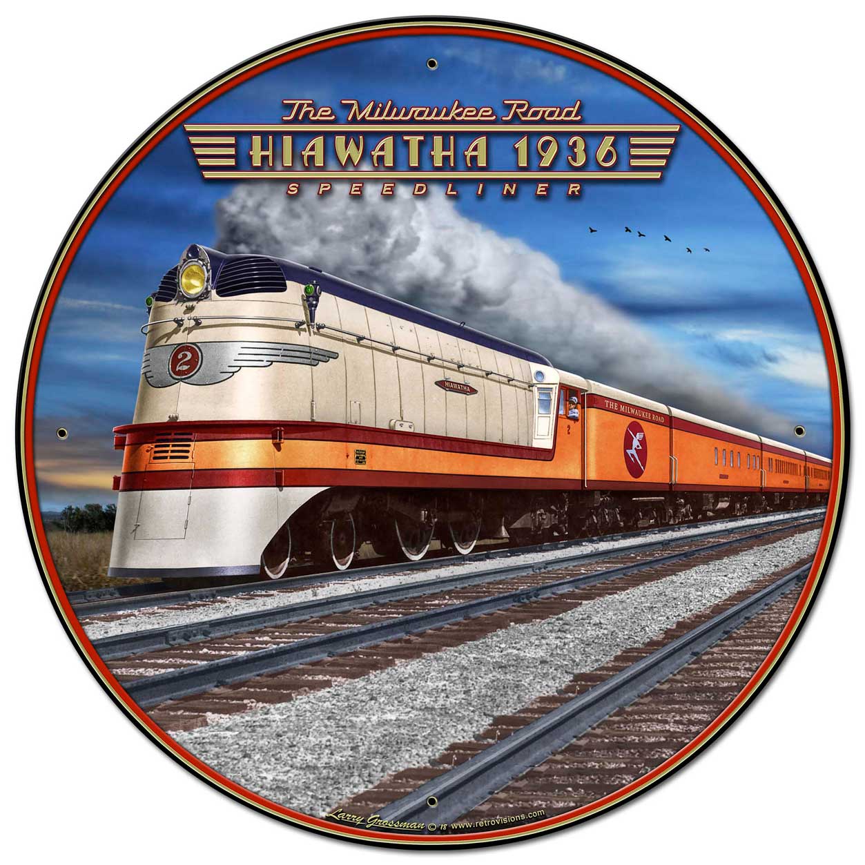 1936 Hiawatha Vintage Sign, Trains, Metal Sign, Wall Art, 28 X 28 Inches