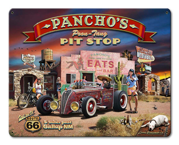 Pancho's Poon-Tang Pit Stop Vintage Sign, Automotive, Metal Sign, Wall Art, 12 X 15 Inches