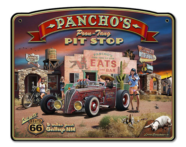 Pancho's Poon-Tang Pit Stop Vintage Sign, Automotive, Metal Sign, Wall Art, 18 X 14 Inches