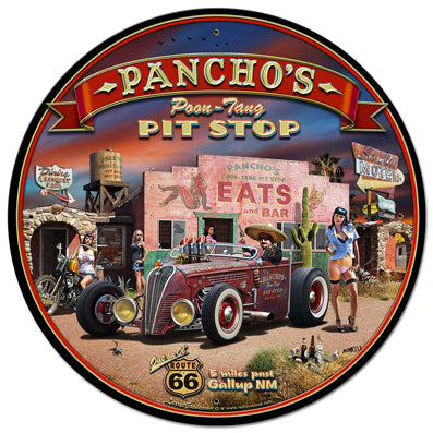 Pancho's Poon-Tang Pit Stop Vintage Sign, Automotive, Metal Sign, Wall Art, 28 X 28 Inches