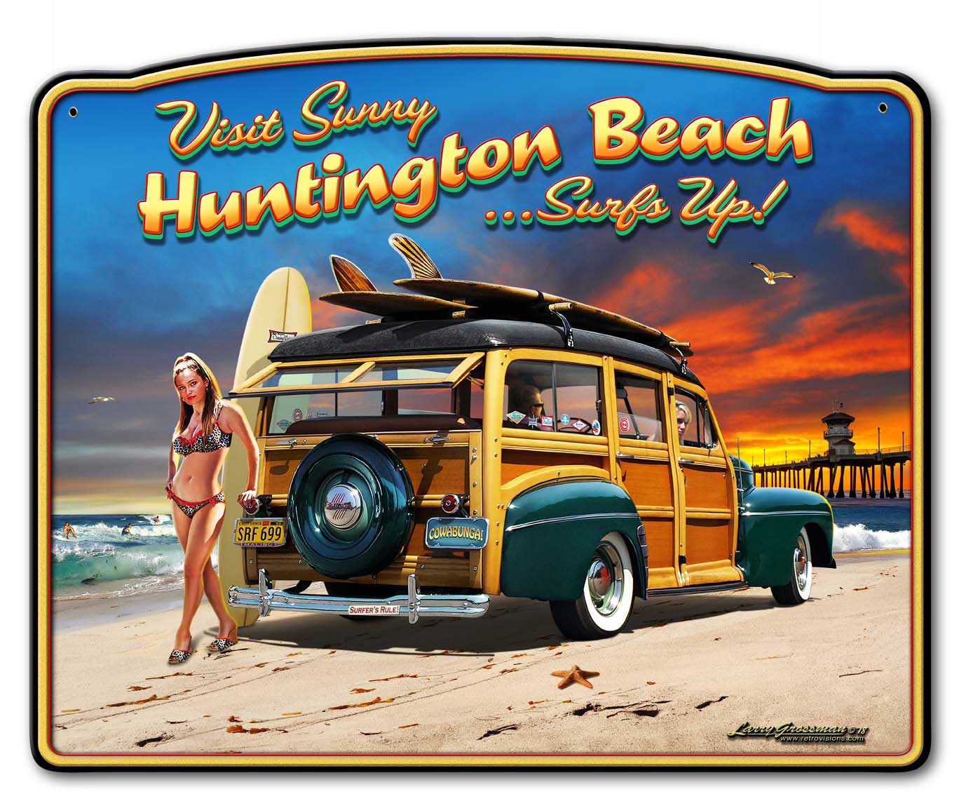 Huntington Beach Vintage Sign, Automotive, Metal Sign, Wall Art, 18 X 15 Inches