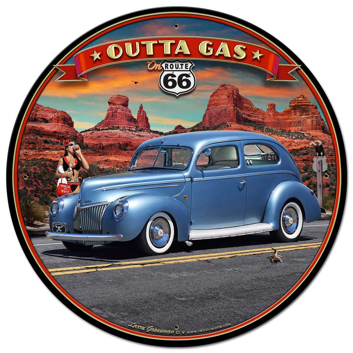 1939 Rod Sedan Rt 66 28inch Round Vintage Sign, Street Signs, Metal Sign, Wall Art, 28 X 28 Inches