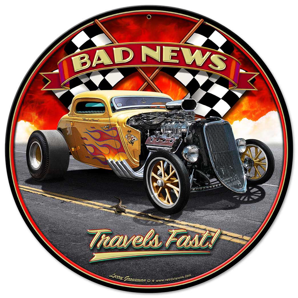 1933 Bad News Vintage Sign, Automotive, Metal Sign, Wall Art, 14 X 14 Inches