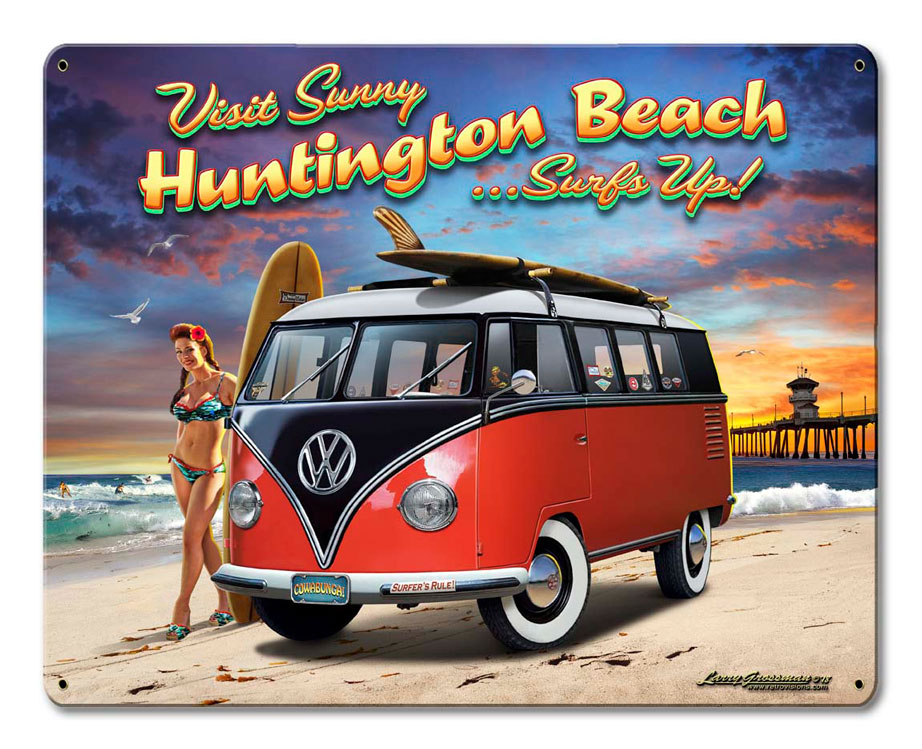 Huntington Beach VW Vintage Sign, Automotive, Metal Sign, Wall Art, 15 X 12 Inches