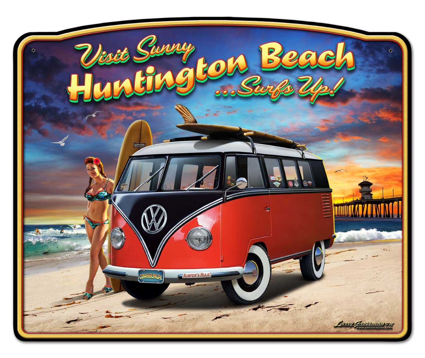 Huntington Beach VW Frame Vintage Sign, Automotive, Metal Sign, Wall Art, 18 X 15 Inches