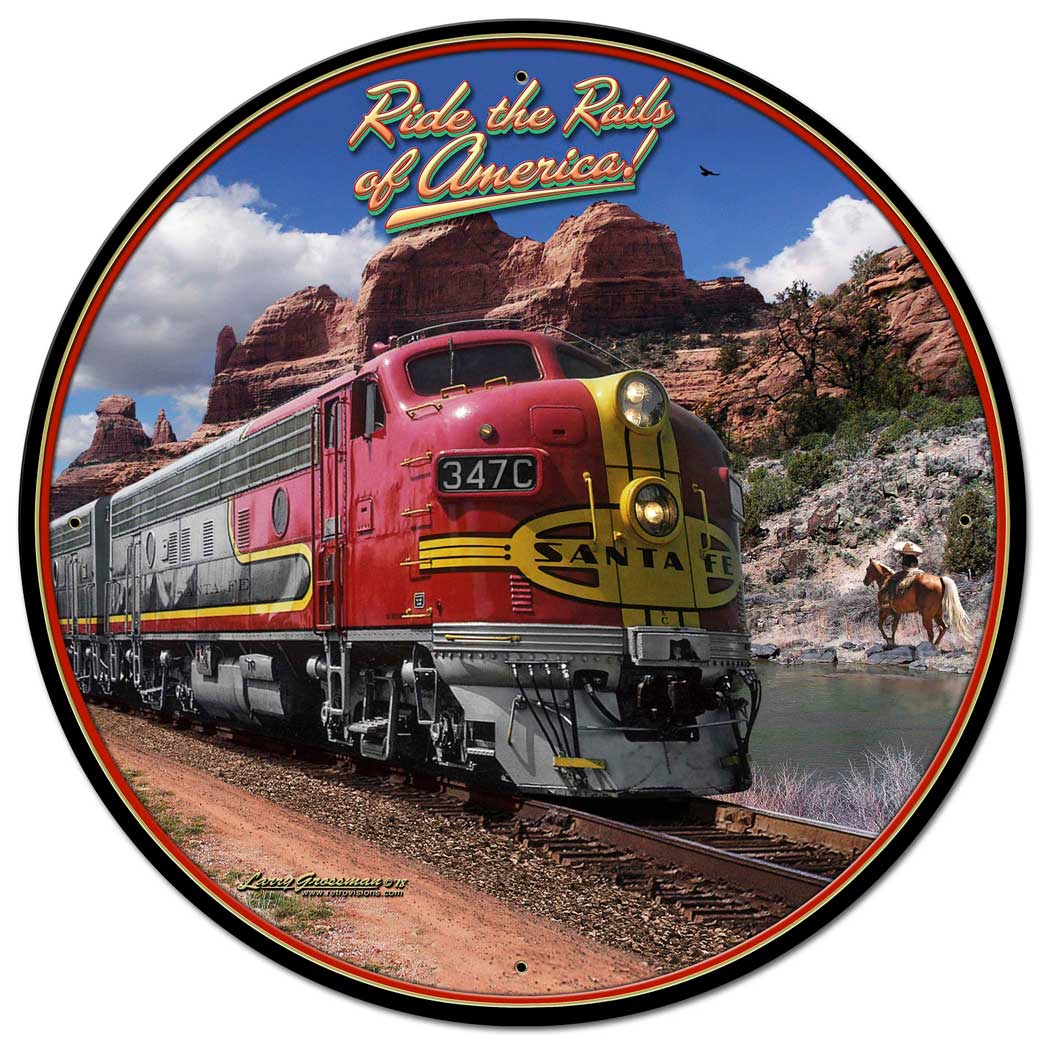 Ride The Rails Of America Vintage Sign, Automotive, Metal Sign, Wall Art, 28 X 28 Inches