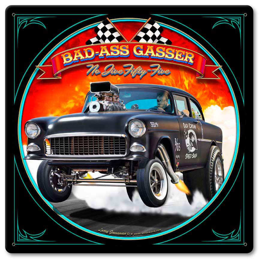 1955 Bad-Ass Gasser Vintage Sign, Automotive, Metal Sign, Wall Art, 12 X 12 Inches