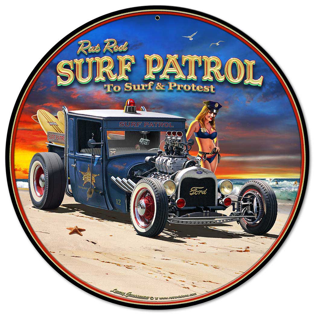 1929 Rat Rod Surf Patrol Vintage Sign, Automotive, Metal Sign, Wall Art, 14 X 14 Inches