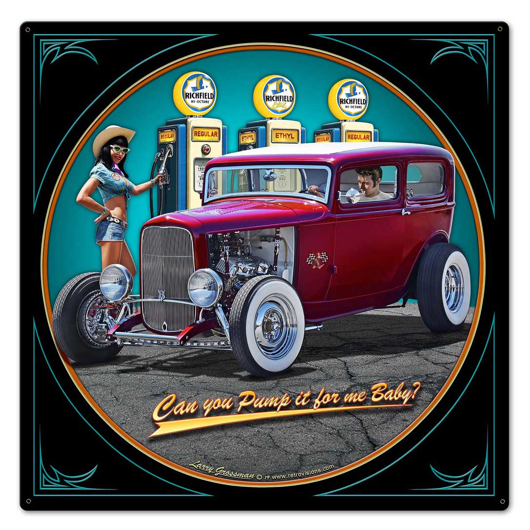 1932 Sedan Fill-up Vintage Sign, Automotive, Metal Sign, Wall Art, 24 X 24 Inches