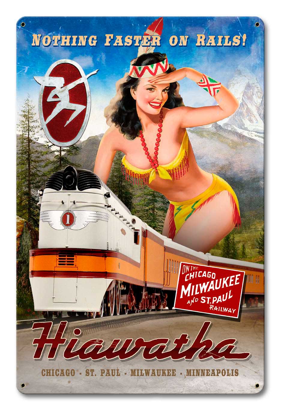 Hiawatha Train Vintage Sign, Trains, Metal Sign, Wall Art, 12 X 18 Inches