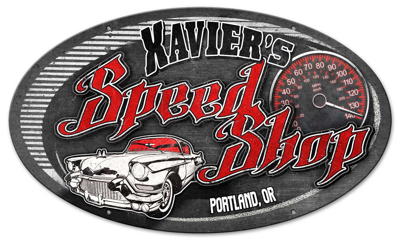 Speed Shop Personalized Vintage Sign, Oil & Petro, Metal Sign, Wall Art, 24 X 14 Inches