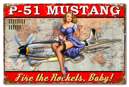 P-51 Mustang Pinup Vintage Sign, Other, Metal Sign, Wall Art, 24 X 16 Inches