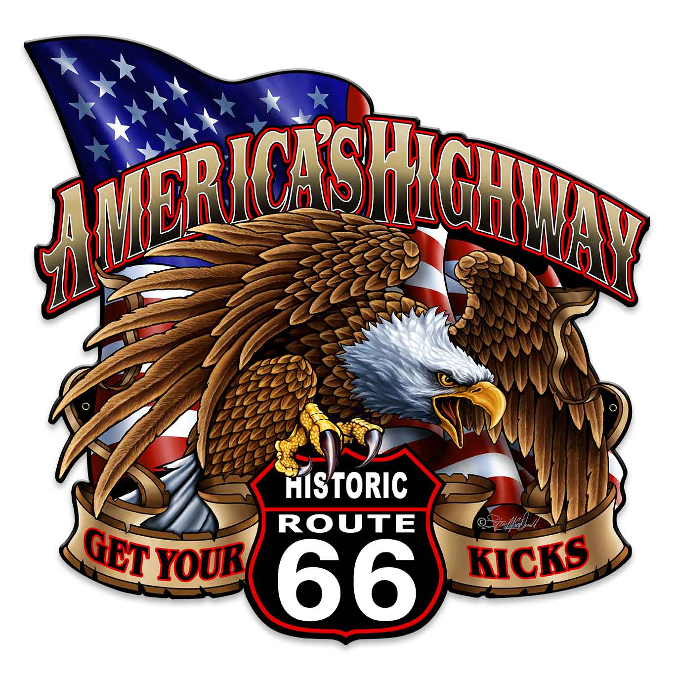 America's Highway Route 66 Vintage Sign, Street Signs, Metal Sign, Wall Art, 18 X 18 Inches