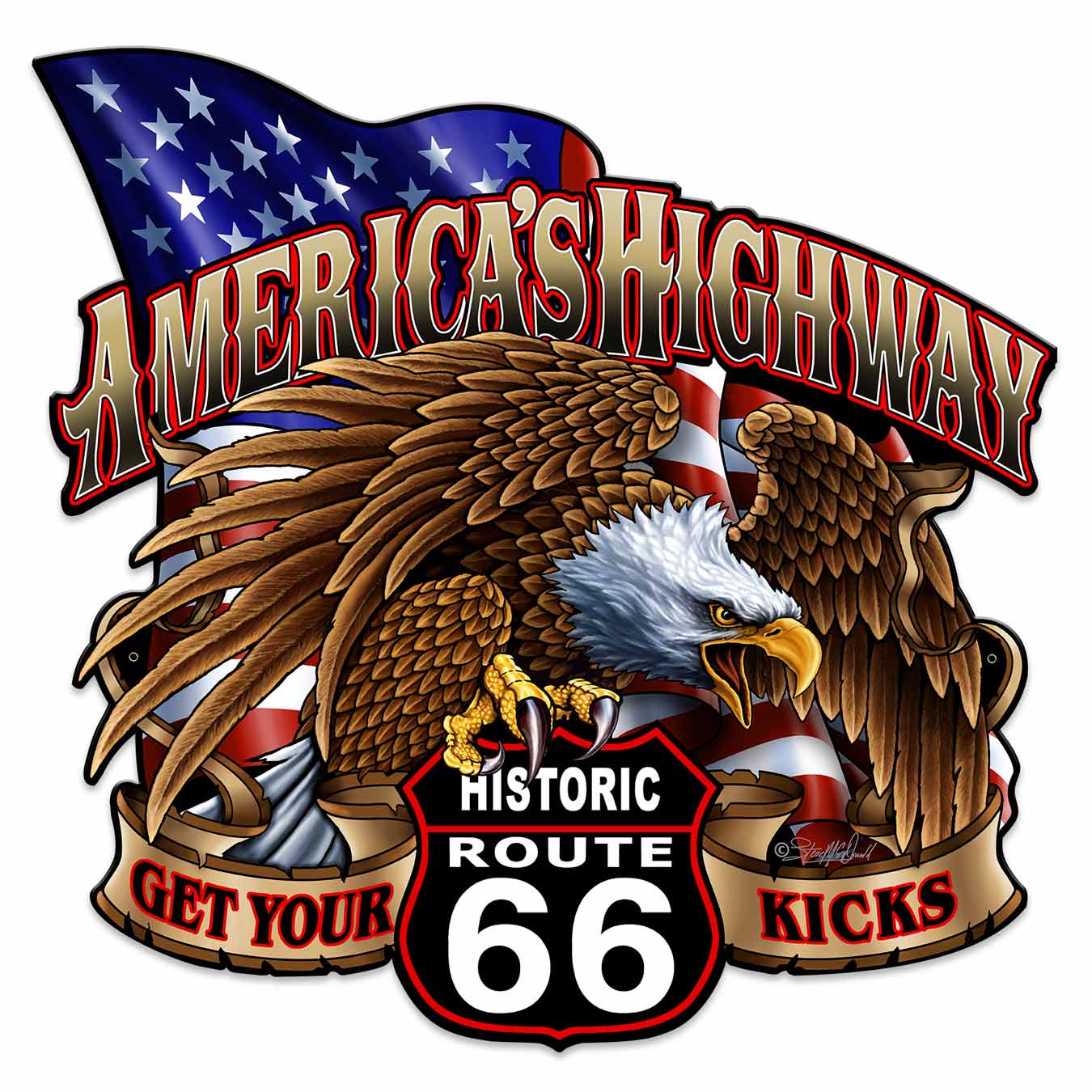 America's Highway Route 66 Vintage Sign, Street Signs, Metal Sign, Wall Art, 24 X 24 Inches